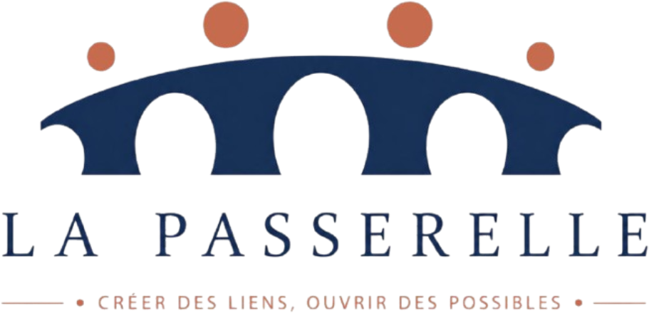 Logo de l’Association La Passerelle : un pont surmonté de quatre silhouettes